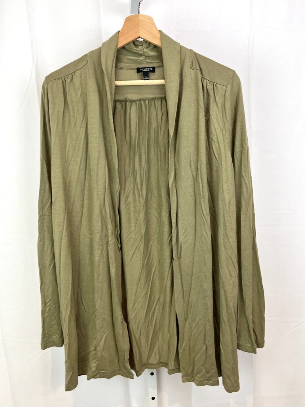 TALBOTS Size L Open Front Cardigan Jersey Knit Topper Lightweight Olive Green